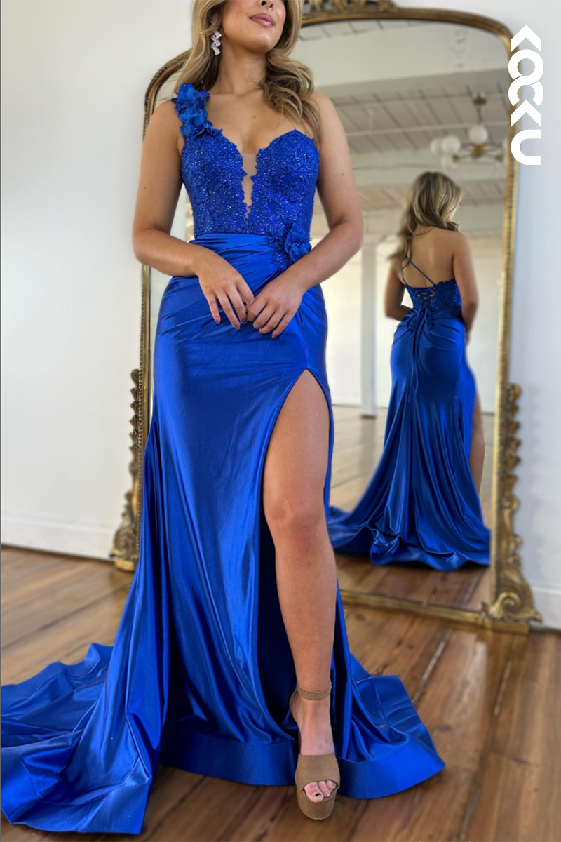 L2555 - Chic & Hot One Shoulder Sleeveless Mermaid Side Slit Mermaid Formal Party Party Prom Dress