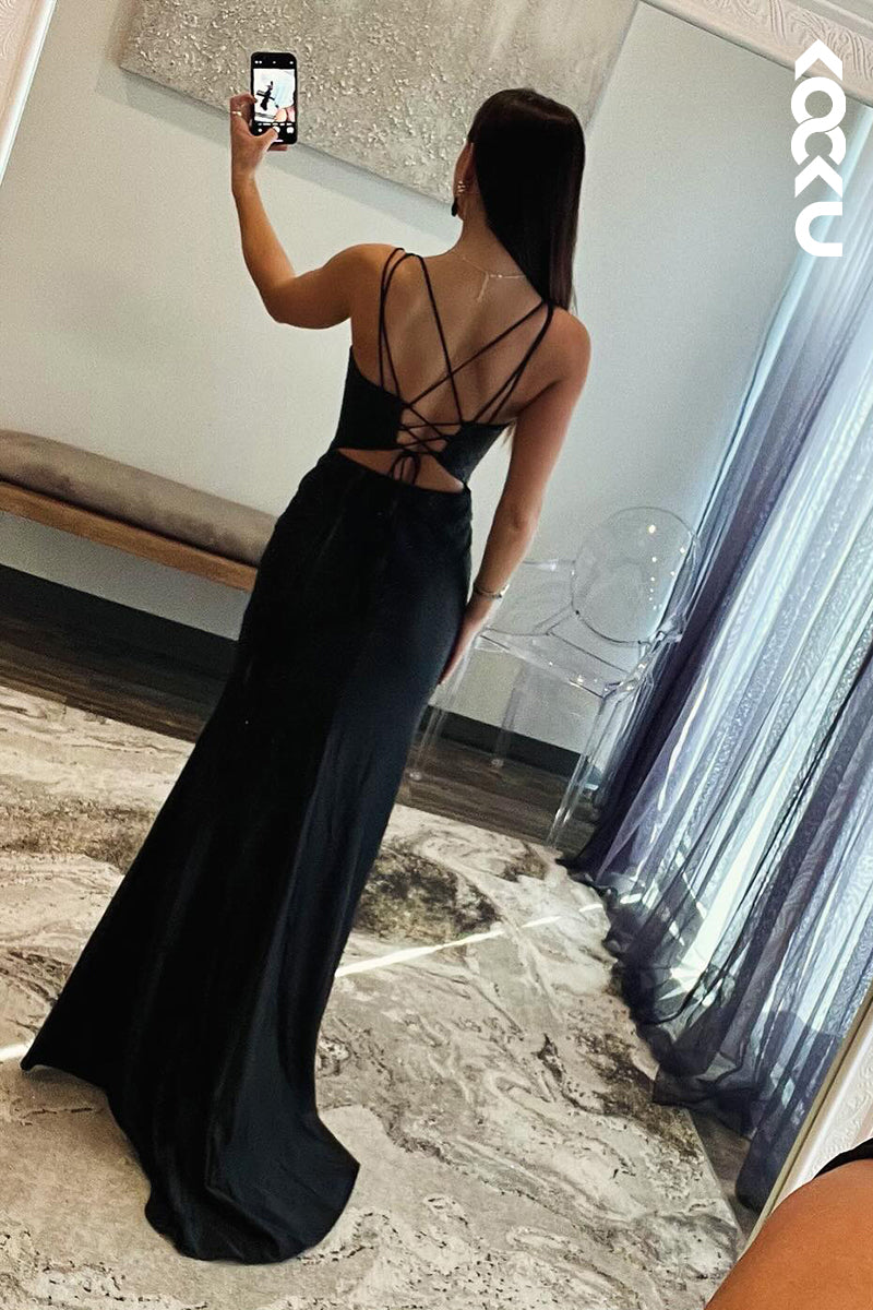 L2661 - Sexy & Hot Straps V-Neck Cross Back Sheath Side Slit Evening Party Prom Dress