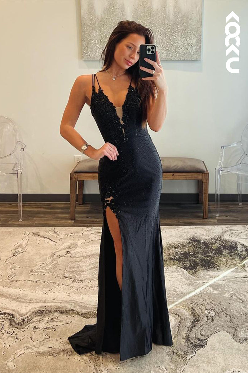 L2661 - Sexy & Hot Straps V-Neck Cross Back Sheath Side Slit Evening Party Prom Dress
