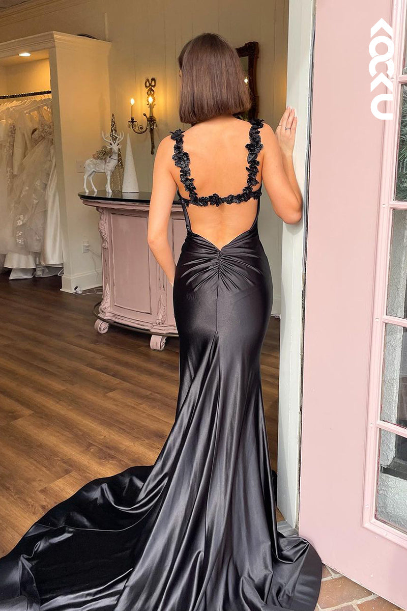 L2355 - Chic & Morden Straps Mermaid Open Back Side Slit Party Prom Dress