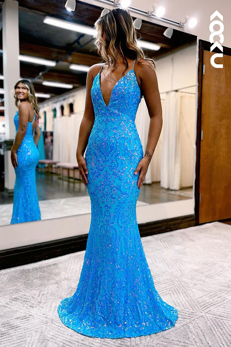L2400 - Spaghetti Straps V-Neck Sequins Applique Mermaid Party Prom Dress