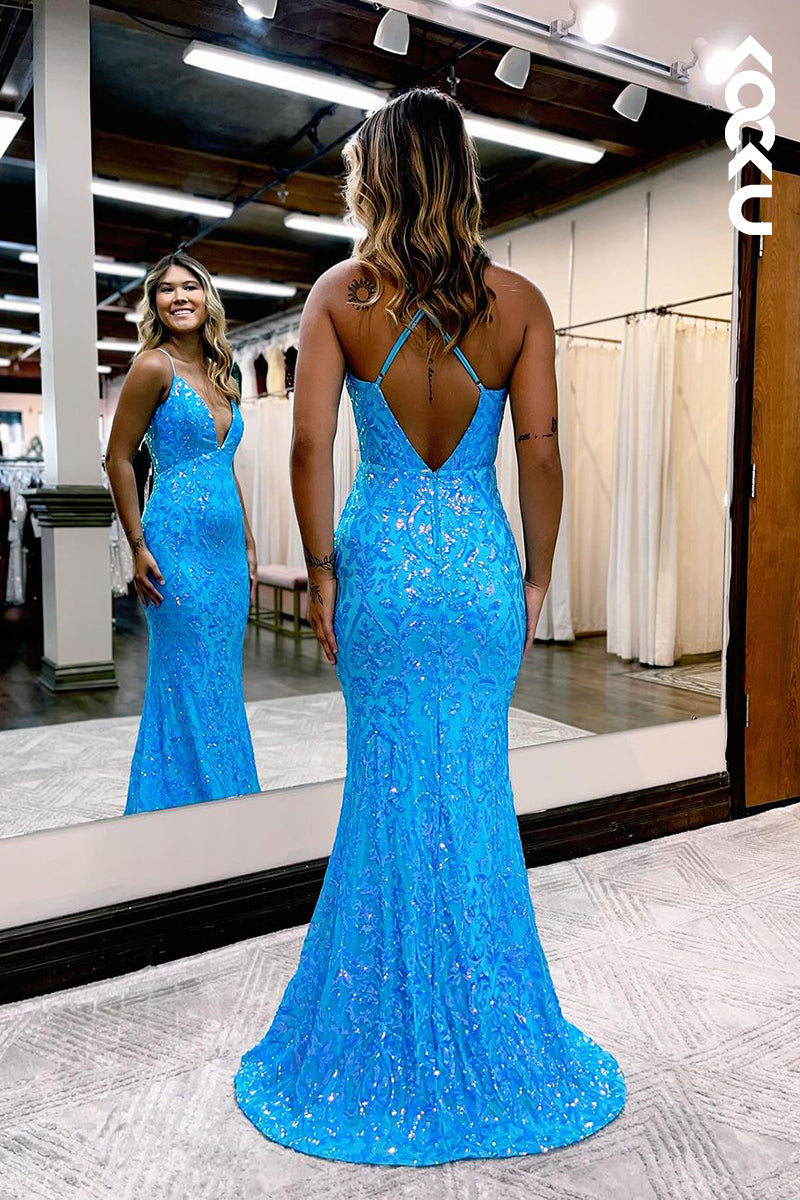 L2400 - Spaghetti Straps V-Neck Sequins Applique Mermaid Party Prom Dress