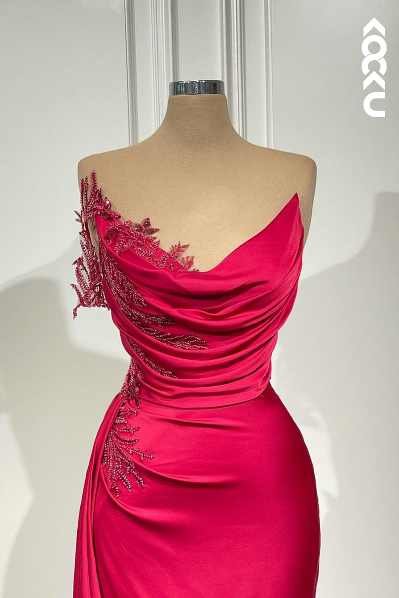 L2417 - Couture & Ornate V-neck Sleeveless Ruched Sheath Party Prom Dress With Floral Embroidered
