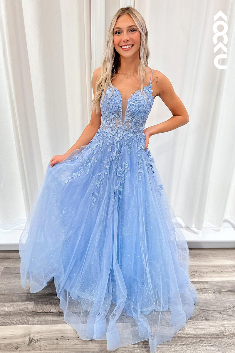 L2759 - Elegant & Luxurious Criss-Cross Straps V-Neck Spaghetti Straps Tulle Prom Dress