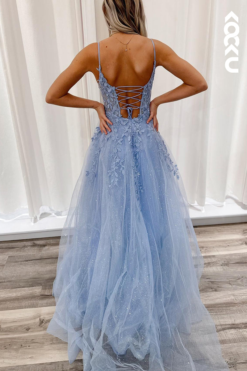 L2759 - Elegant & Luxurious Criss-Cross Straps V-Neck Spaghetti Straps Tulle Prom Dress