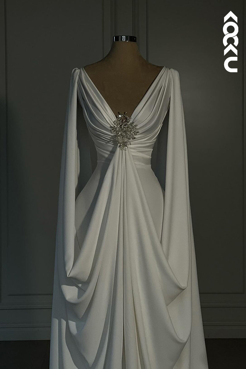 L2954 - Elegant & Luxurious A-Line V-Neck Long Sleeves Ruched Evening Party Prom Dress