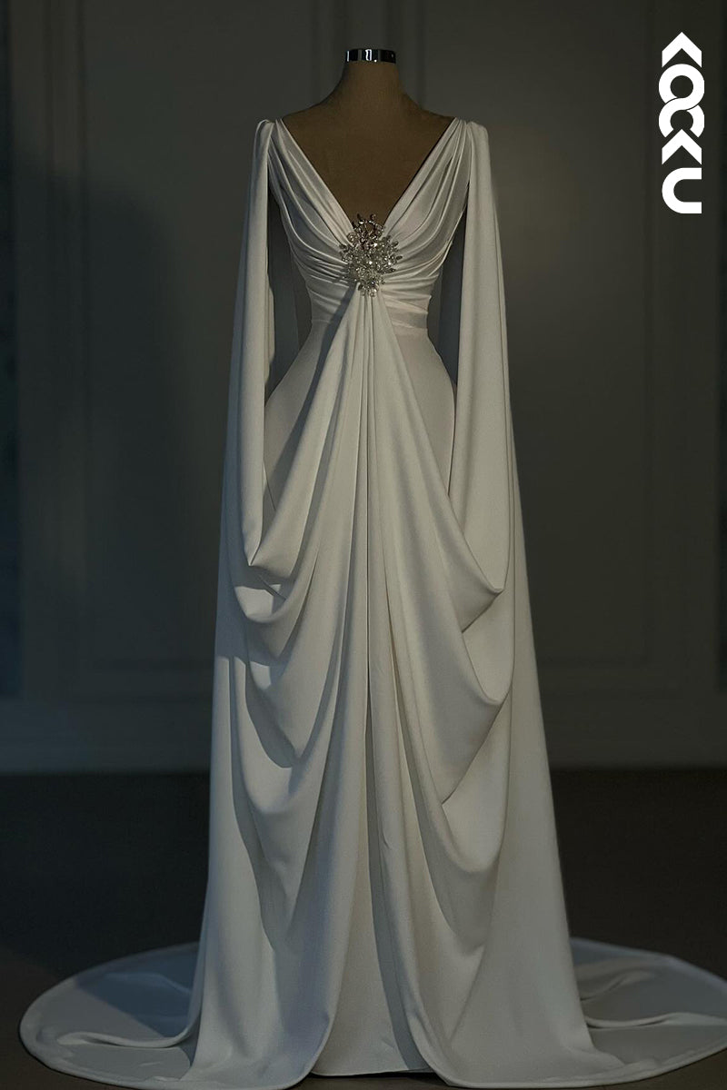 L2954 - Elegant & Luxurious A-Line V-Neck Long Sleeves Ruched Evening Party Prom Dress