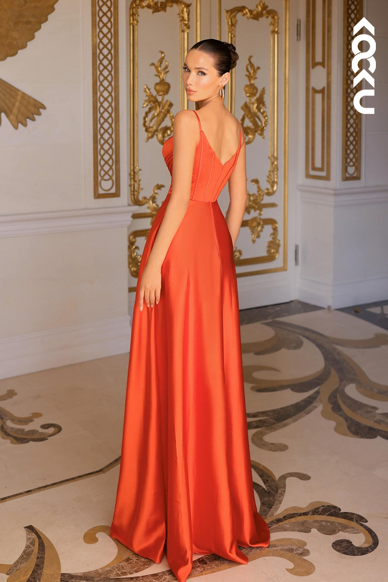 L2971 - Elegant & Modern Spaghetti Straps V-Neck A-line Satin Party Prom Dress
