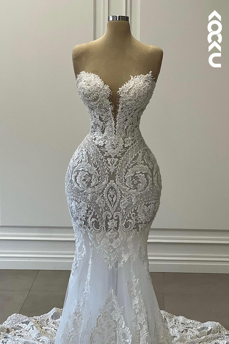 K2023 - Glamorous & Dramatic V-Neck Sleeveless Allover Applique Mermaid Wedding Dress