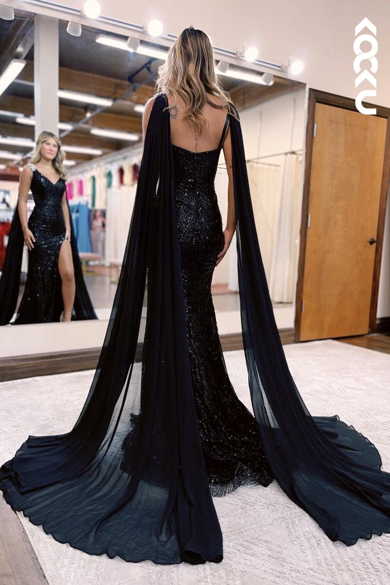 L2581 - Classic & Timeless V-neck Side Slit Sparkly Sequins Evening Party Prom Dress