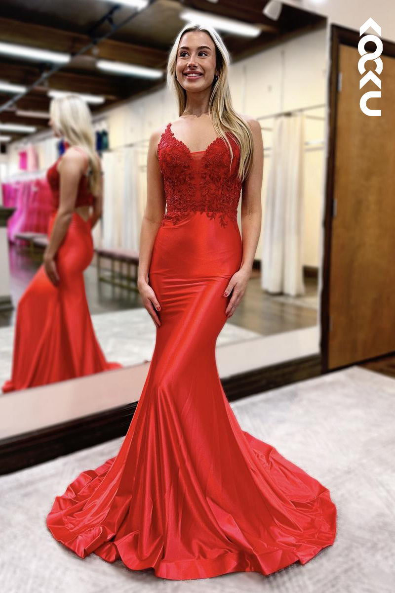 L2595 - Elegant & Luxurious V-Neck Spaghetti Straps Mermaid Trumpet Backless Prom Dress
