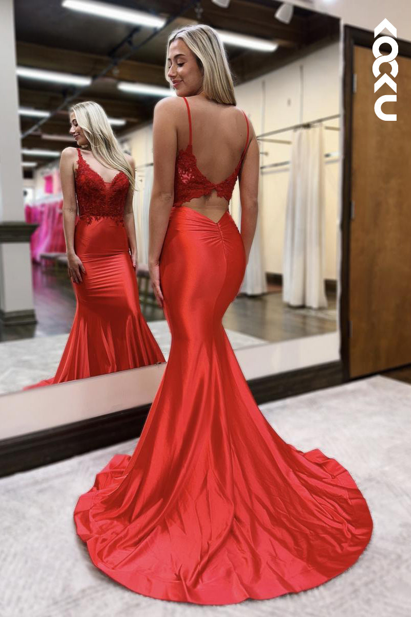 L2595 - Elegant & Luxurious V-Neck Spaghetti Straps Mermaid Trumpet Backless Prom Dress