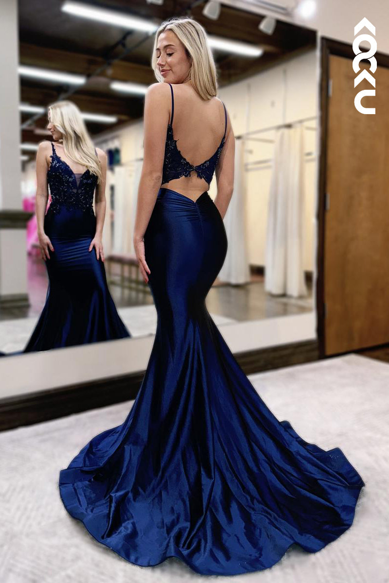 L2595 - Elegant & Luxurious V-Neck Spaghetti Straps Mermaid Trumpet Backless Prom Dress