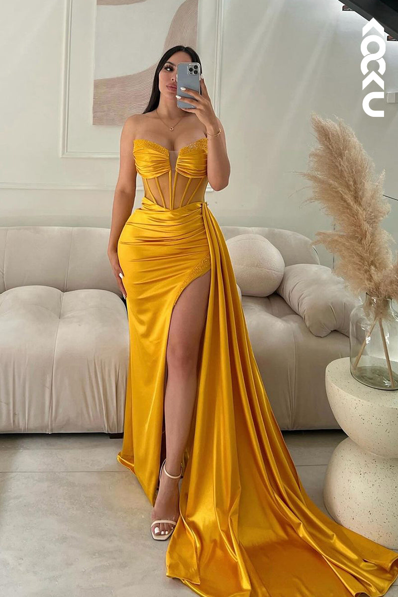 L2352 - Sheath V-neck Sleeveless Ruched Side Slit Party Prom Dress