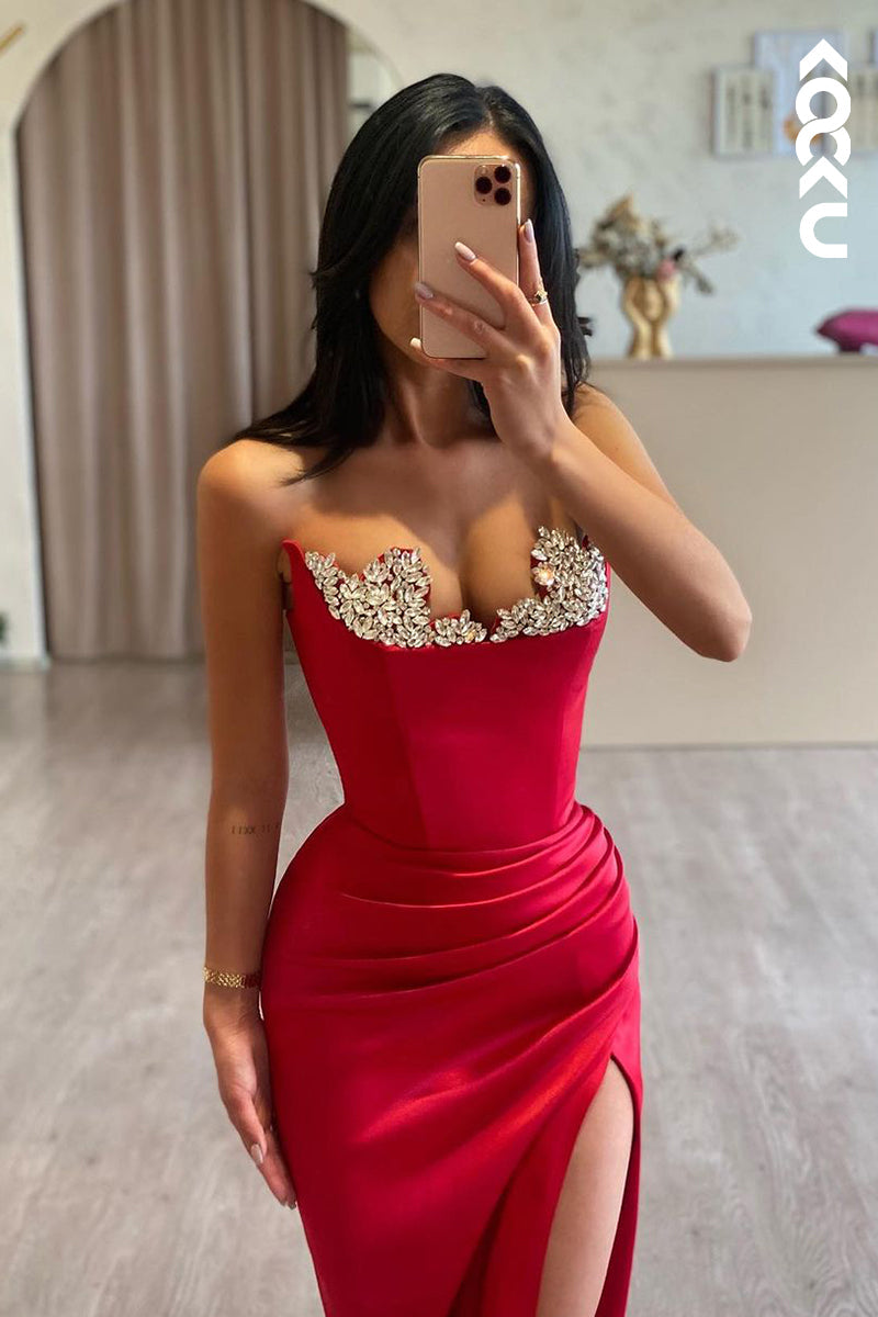 L2406 - Chic & Elegant V-Neck Sleeveless Ruched Sheath Formal Prom Dress With Rhinestones