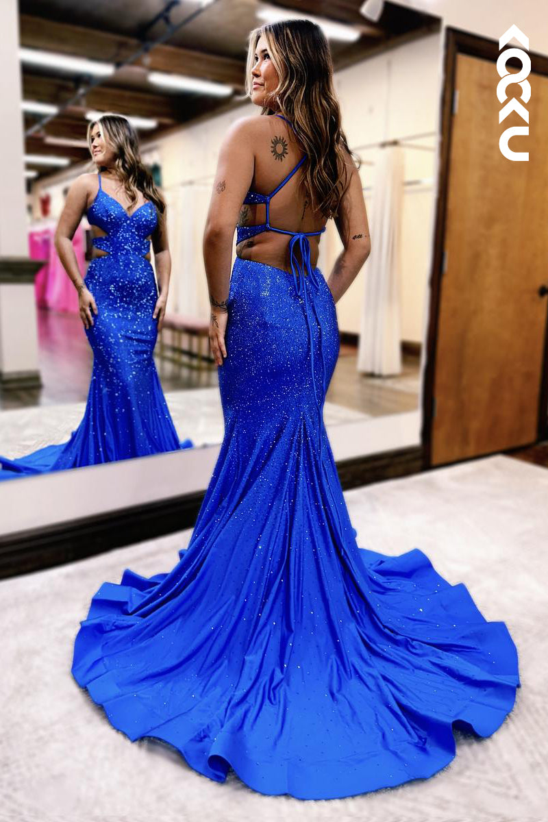 L2576 - Couture & Ornate Spaghetti Straps V-neck Mermaid Formal Party Prom Dress