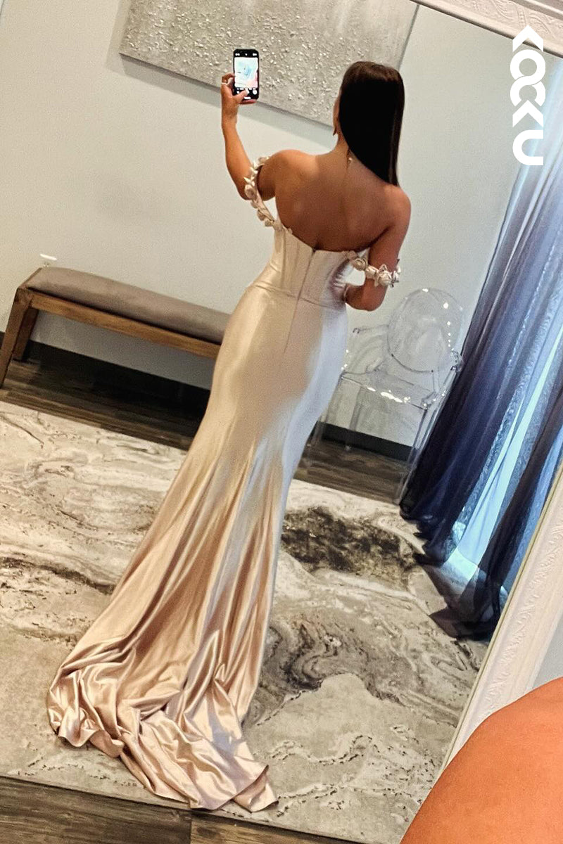 L2872 - Trumpet/Mermaid Classic Elegant Of-Shoulder Cap Sleeves Satin Party Prom Dress