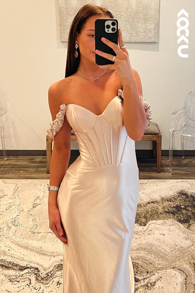 L2872 - Trumpet/Mermaid Classic Elegant Of-Shoulder Cap Sleeves Satin Party Prom Dress