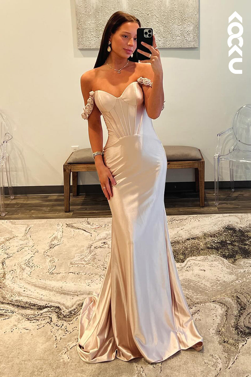 L2872 - Trumpet/Mermaid Classic Elegant Of-Shoulder Cap Sleeves Satin Party Prom Dress
