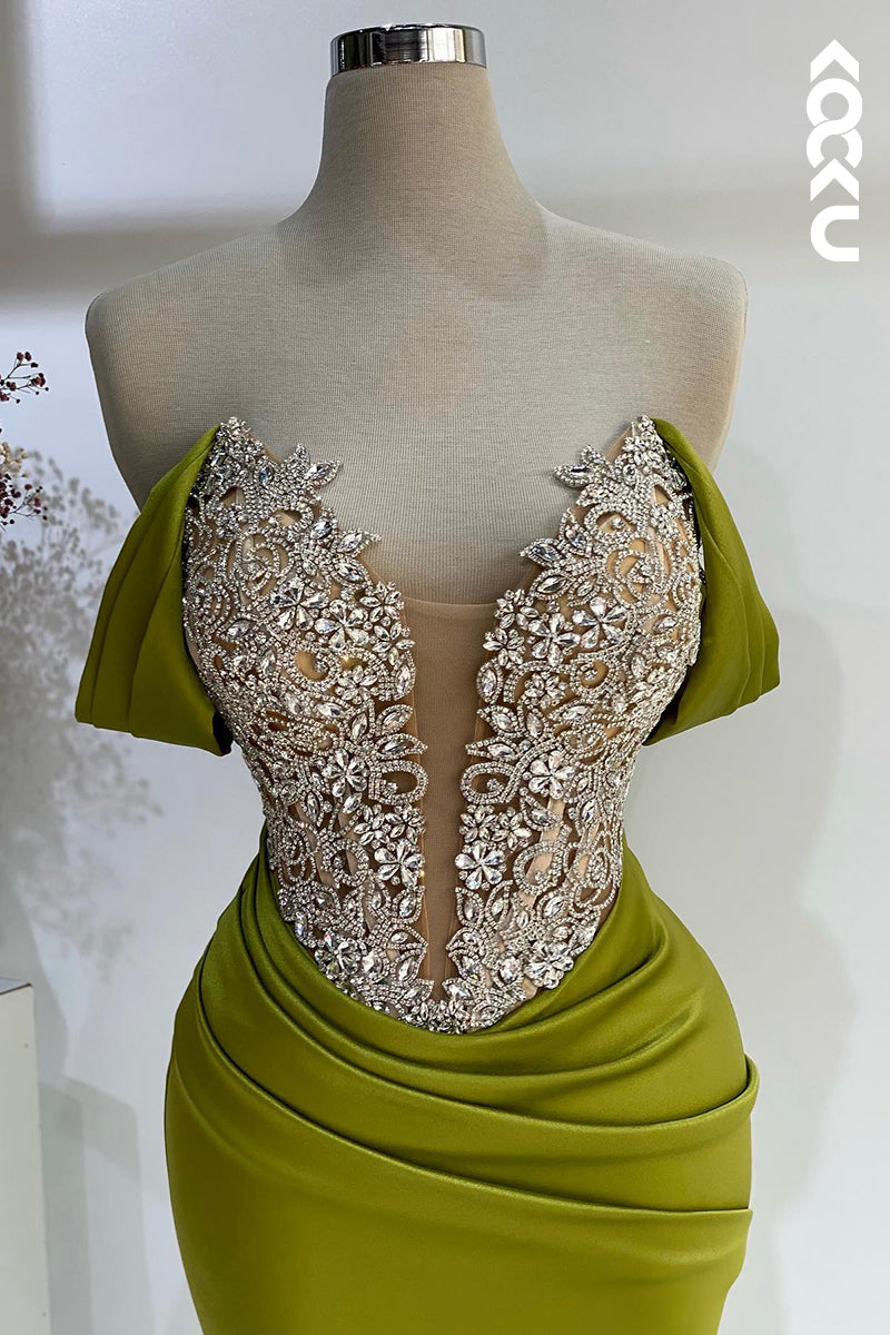 L2699 - Glamorous & Dramatic V-neck Cap Sleeves Ruched Rhinestones Party Prom Dress