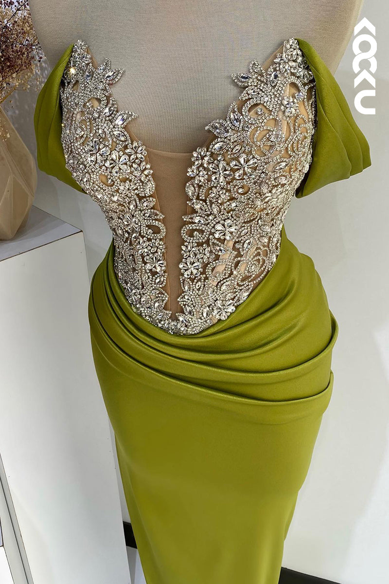 L2699 - Glamorous & Dramatic V-neck Cap Sleeves Ruched Rhinestones Party Prom Dress