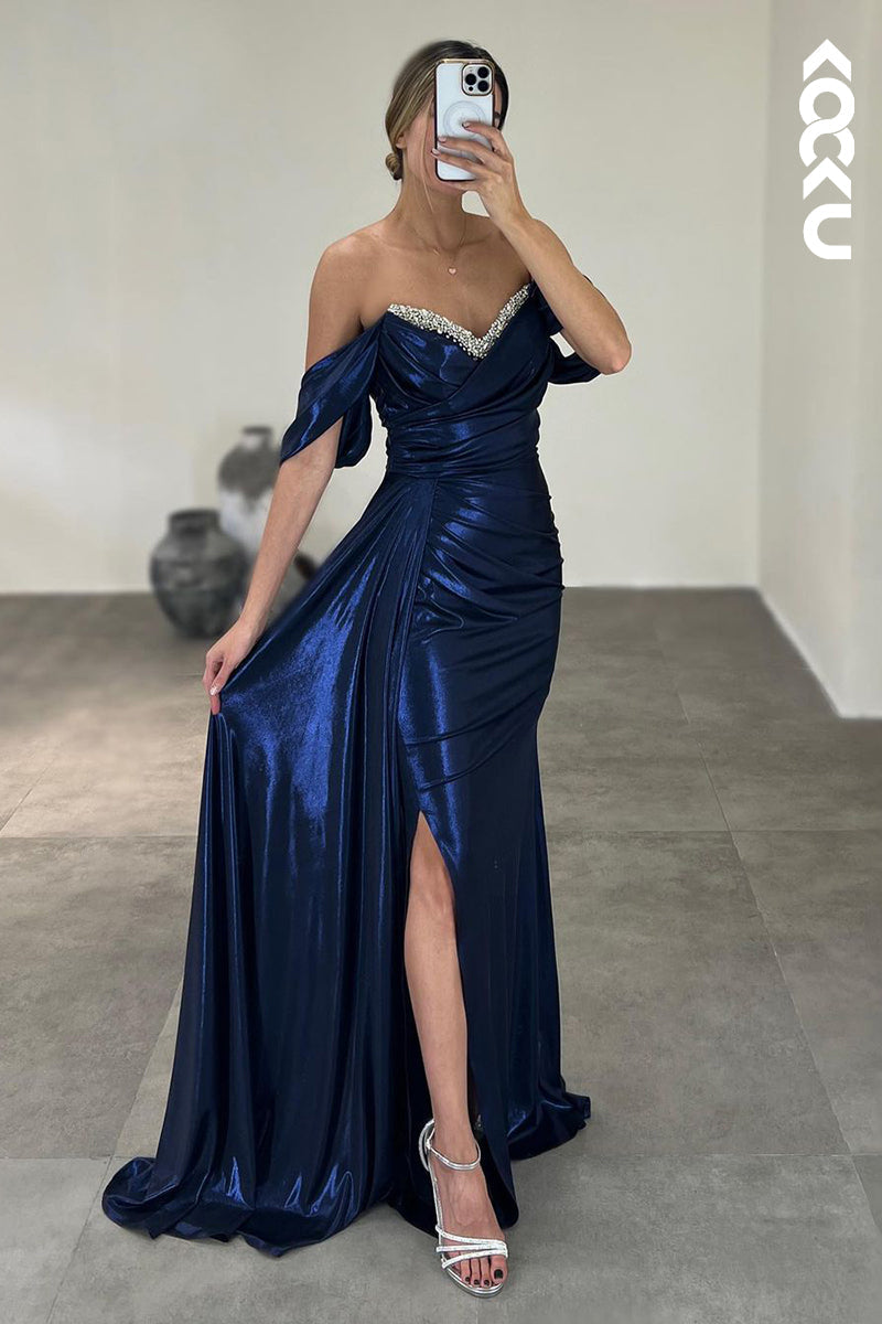 L2392 - Chic V-Neck Cap Sleeves Sheath Side Slit Formal Prom Dress
