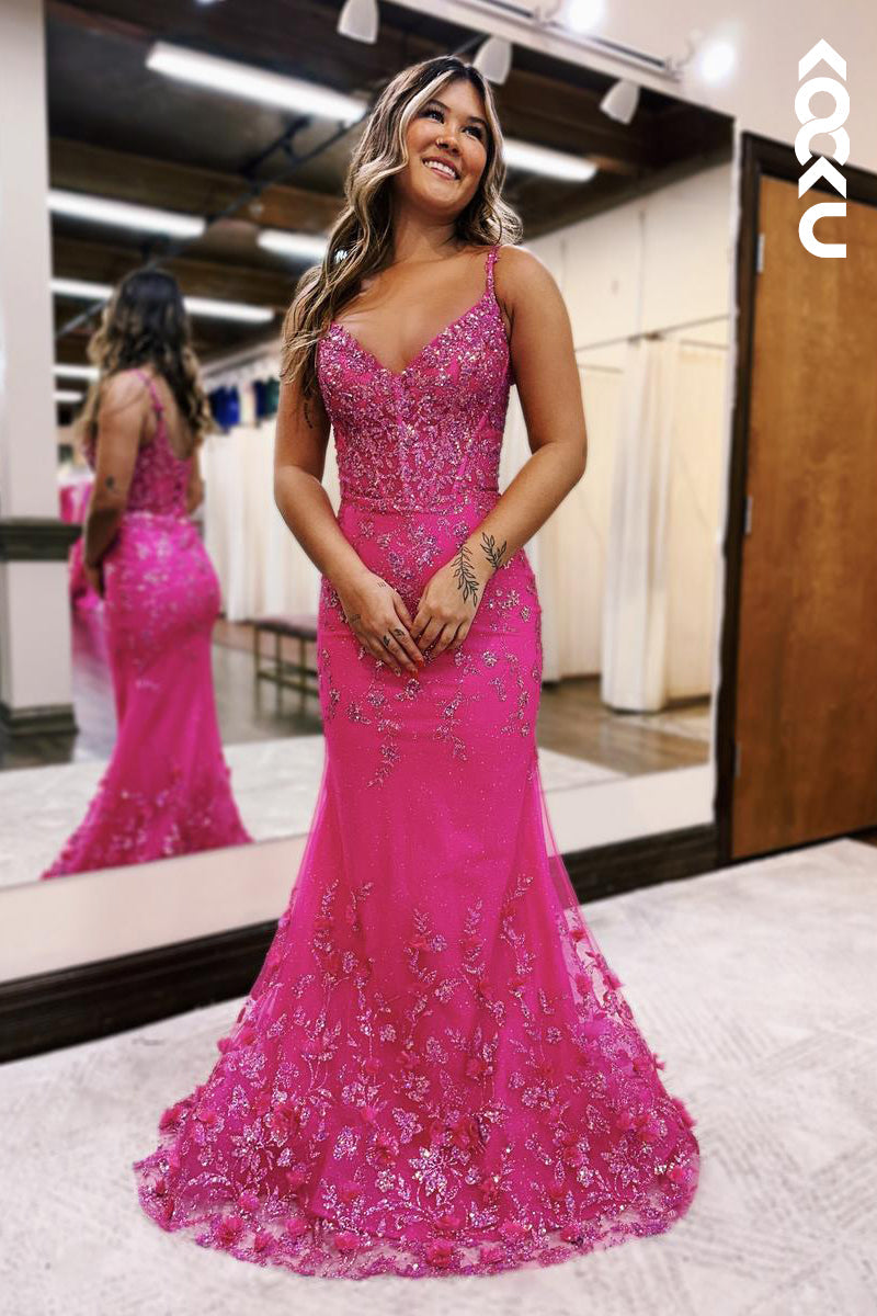 L2588 - Gorgeous & Charming V-Neck Spaghetti Straps Appilique Mermaid Party Prom Dress