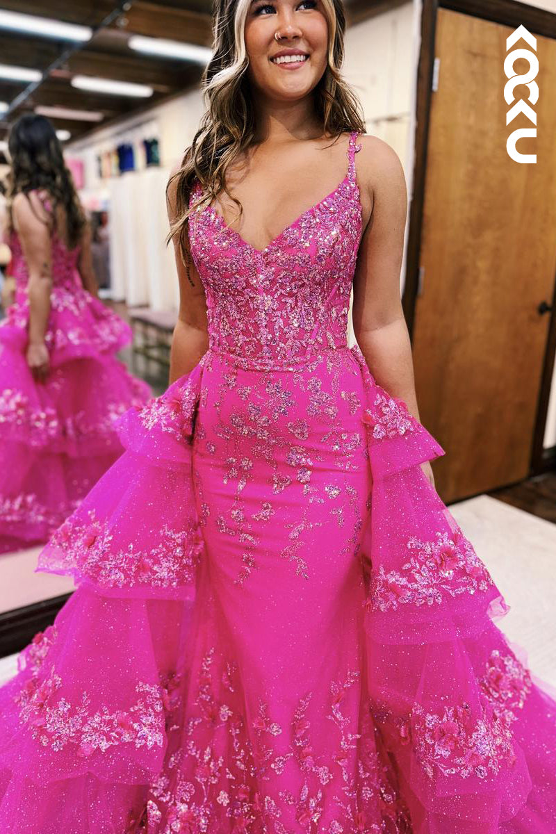 L2588 - Gorgeous & Charming V-Neck Spaghetti Straps Appilique Mermaid Party Prom Dress