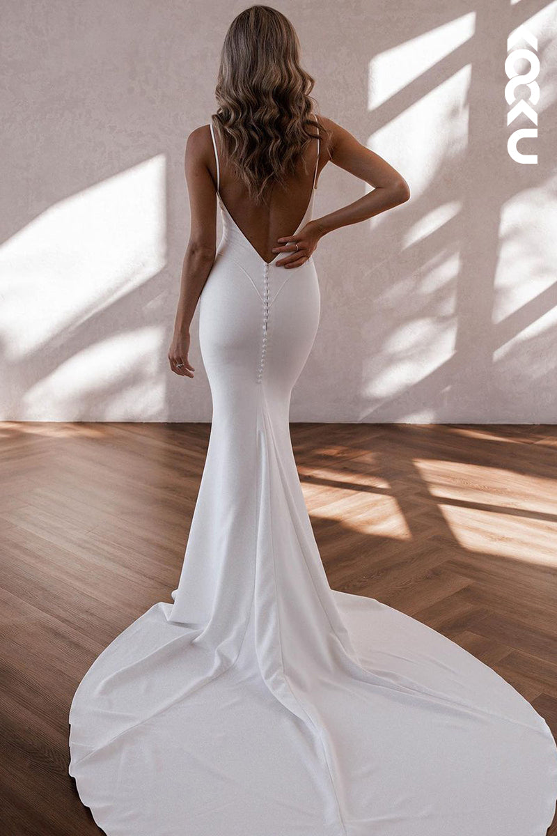 K1841 - Sexy & Elegant V-Neck Sleeveless Backless Trumpet Satin Wedding Dress
