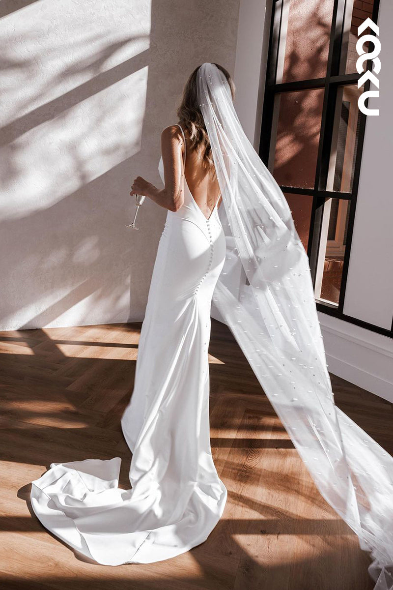 K1841 - Sexy & Elegant V-Neck Sleeveless Backless Trumpet Satin Wedding Dress
