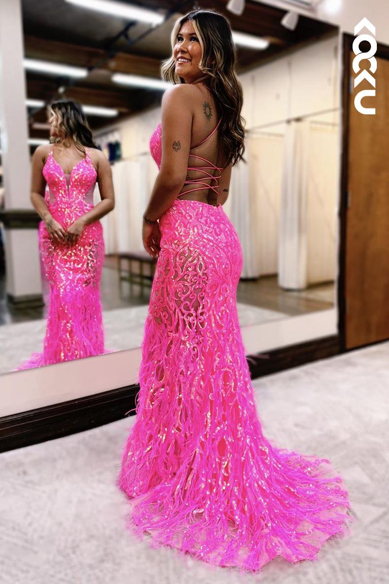 L2591 - Sexy & Sparkly V-neck Spaghetti Straps Mermaid Sequins Evening Party Prom Dress