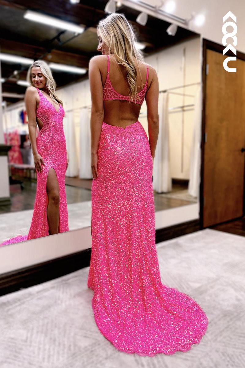 L2579 - Chic Sparkly V-neck Sltraps Sheath Side Slit Sequins Evening Party Prom Dress