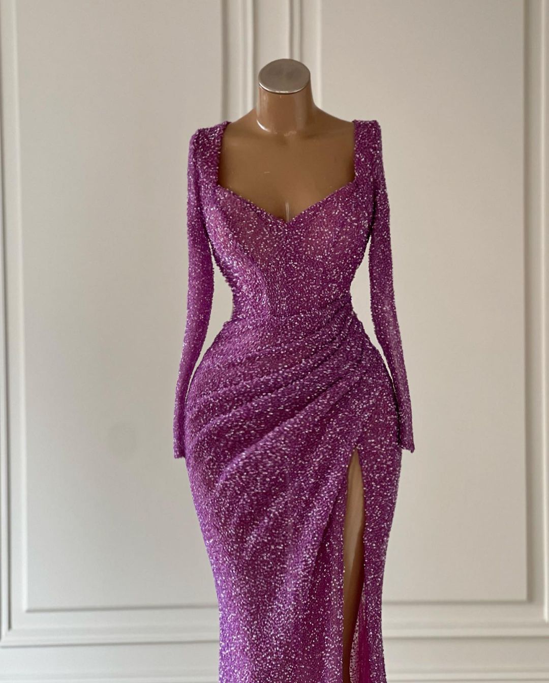 L2374 - Sequins V-Neck Long Sleeve Ruched Side Slit Sheath Formal Prom Dress