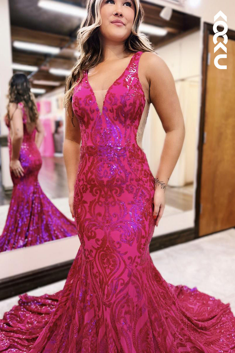 L2593 - Gorgeous & Charming V-neck Sleeveless Mermaid Sequins Sparkly Evening Prom Dress
