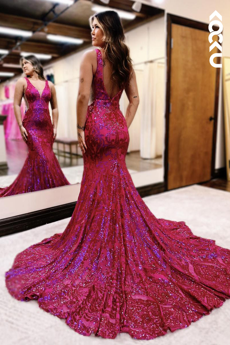 L2593 - Gorgeous & Charming V-neck Sleeveless Mermaid Sequins Sparkly Evening Prom Dress