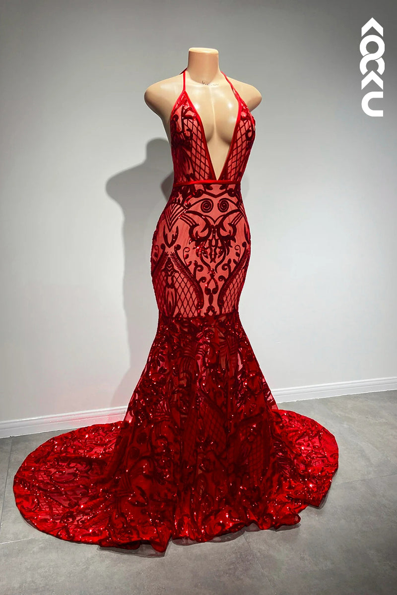 L2819 - Sexy & Hot Spaghetti Straps Deep V-Neck Sleeveless Mermaid Backless Sequins Prom Dress