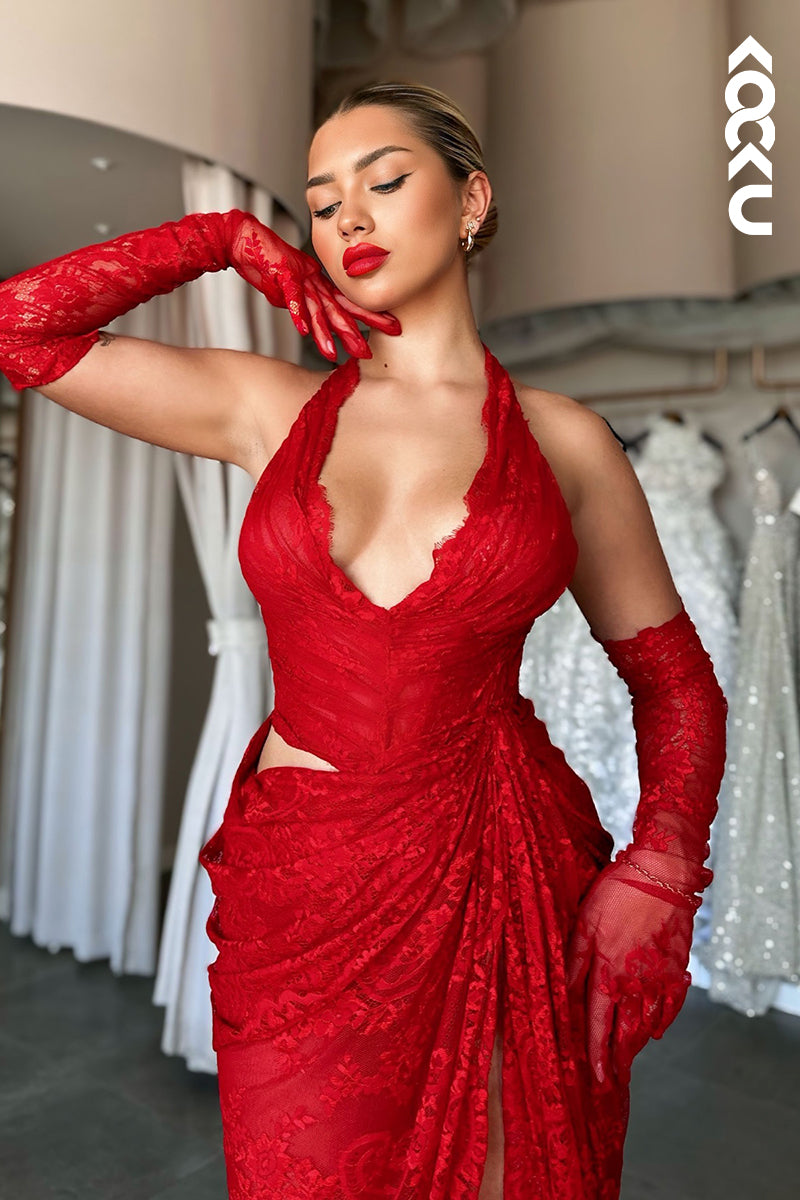 L2893 - Sexy & Hot Halter V-neck Sleeveless High Side Slit Lace Applique Party Prom Dress