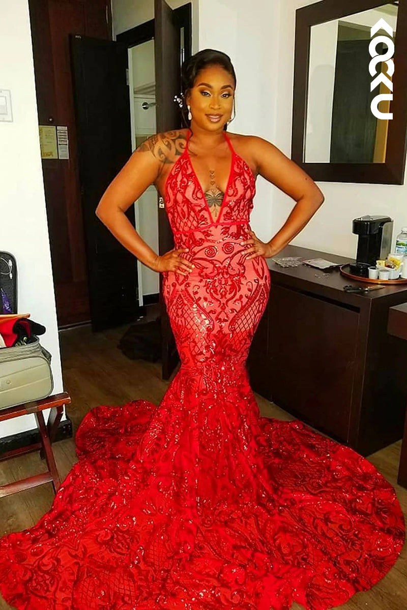 L2819 - Sexy & Hot Spaghetti Straps Deep V-Neck Sleeveless Mermaid Backless Sequins Prom Dress