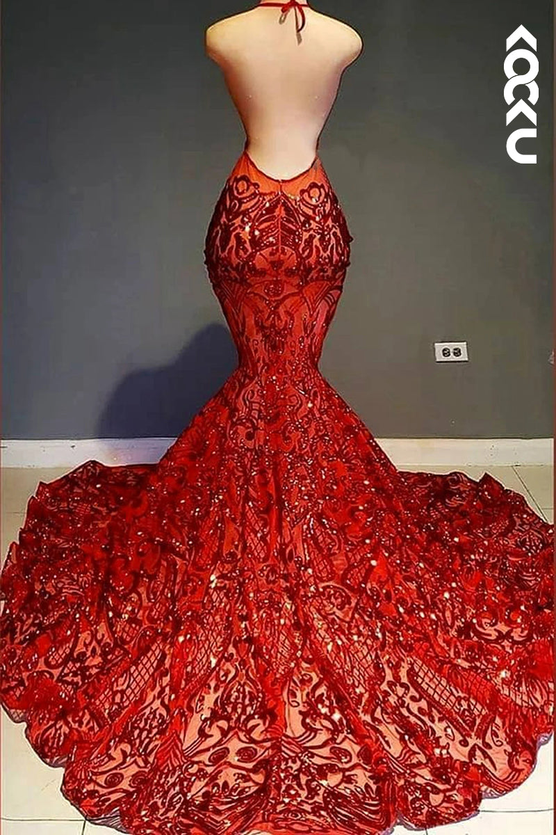 L2819 - Sexy & Hot Spaghetti Straps Deep V-Neck Sleeveless Mermaid Backless Sequins Prom Dress