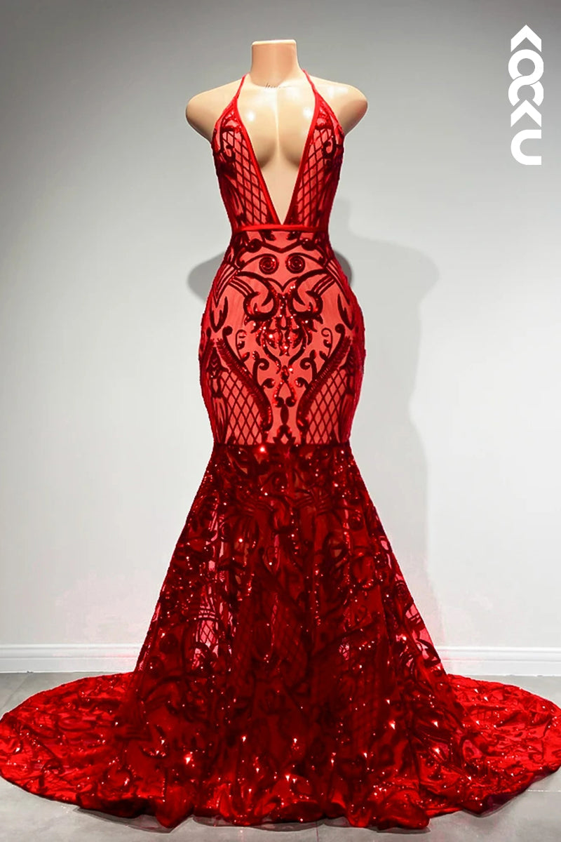 L2819 - Sexy & Hot Spaghetti Straps Deep V-Neck Sleeveless Mermaid Backless Sequins Prom Dress
