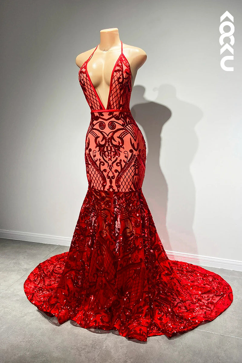 L2819 - Sexy & Hot Spaghetti Straps Deep V-Neck Sleeveless Mermaid Backless Sequins Prom Dress