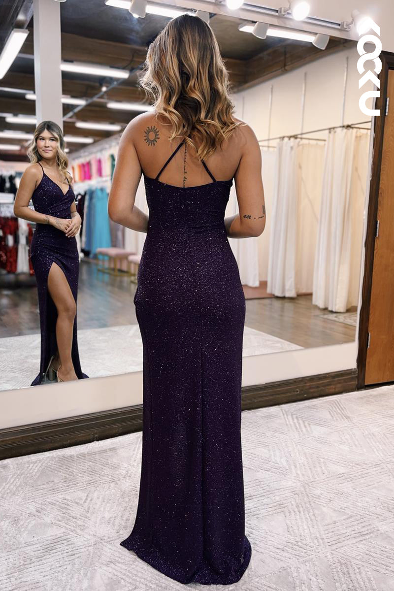 L2577 - Simple & Casual V-neck Spaghetti Straps Side Slit Sheath Formal Prom Dress