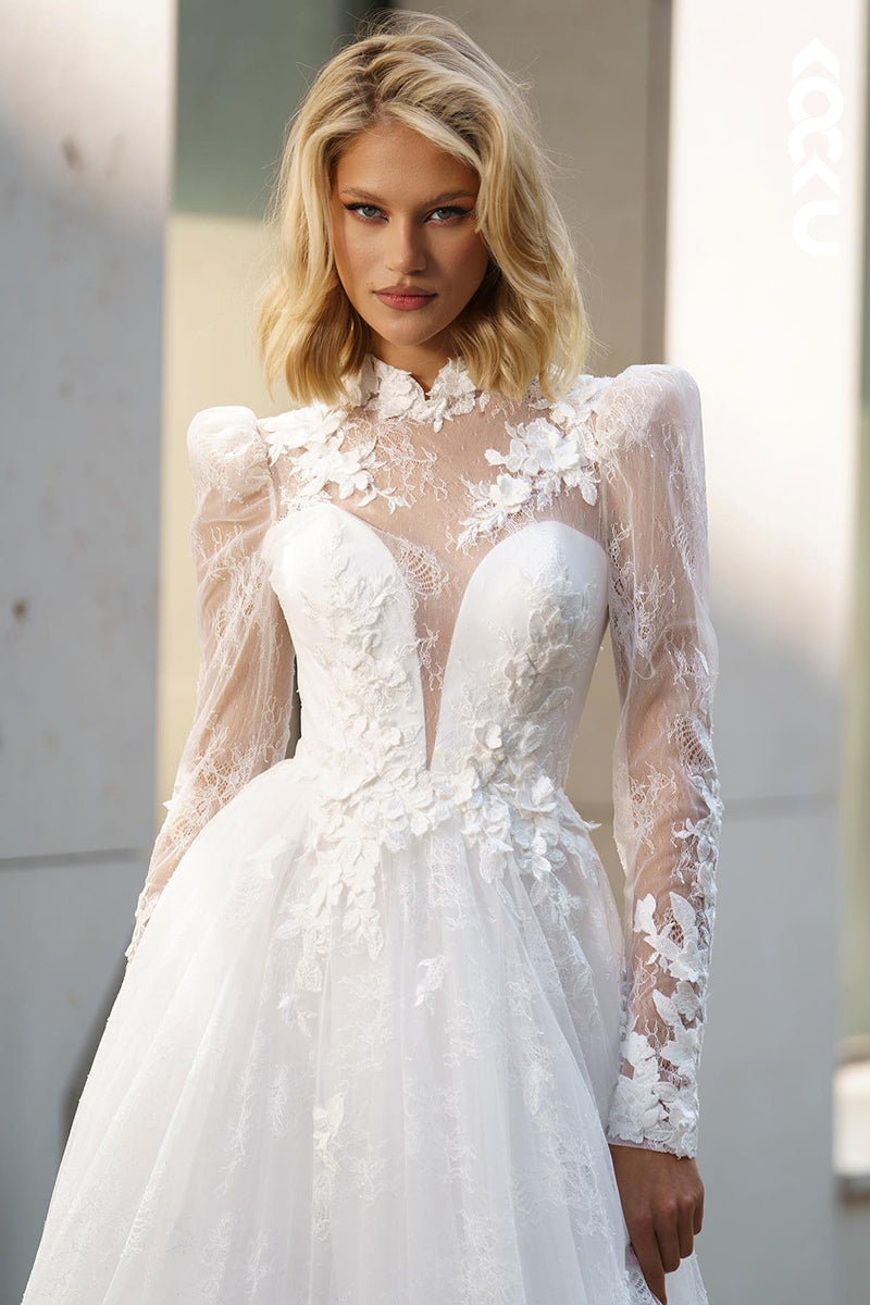 K2038 - Gorgeous & Charming Long Lace Sleeves V-Neck Open Back A-line Wedding Dress