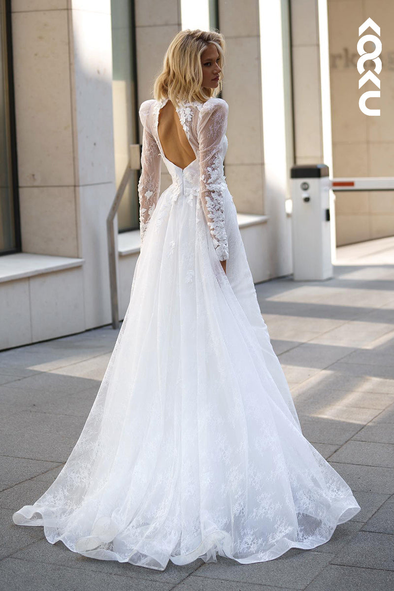 K2038 - Gorgeous & Charming Long Lace Sleeves V-Neck Open Back A-line Wedding Dress