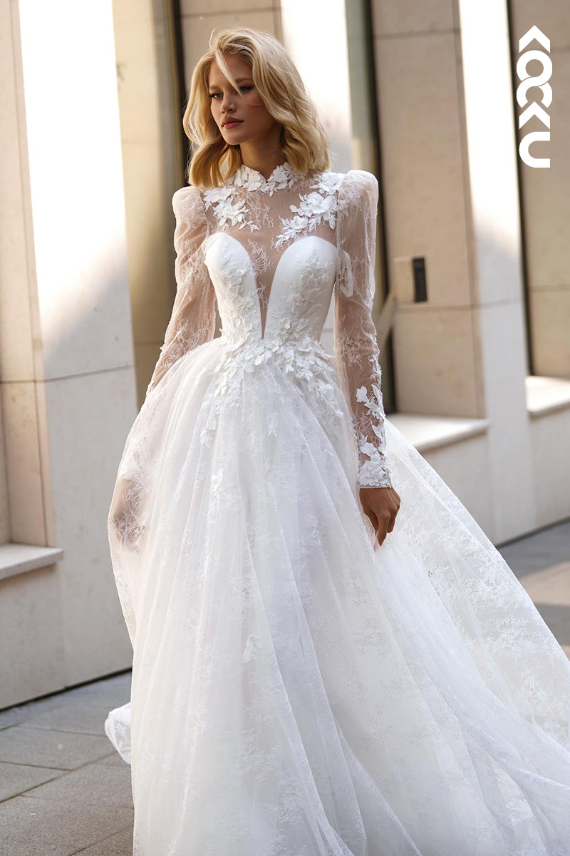 K2038 - Gorgeous & Charming Long Lace Sleeves V-Neck Open Back A-line Wedding Dress
