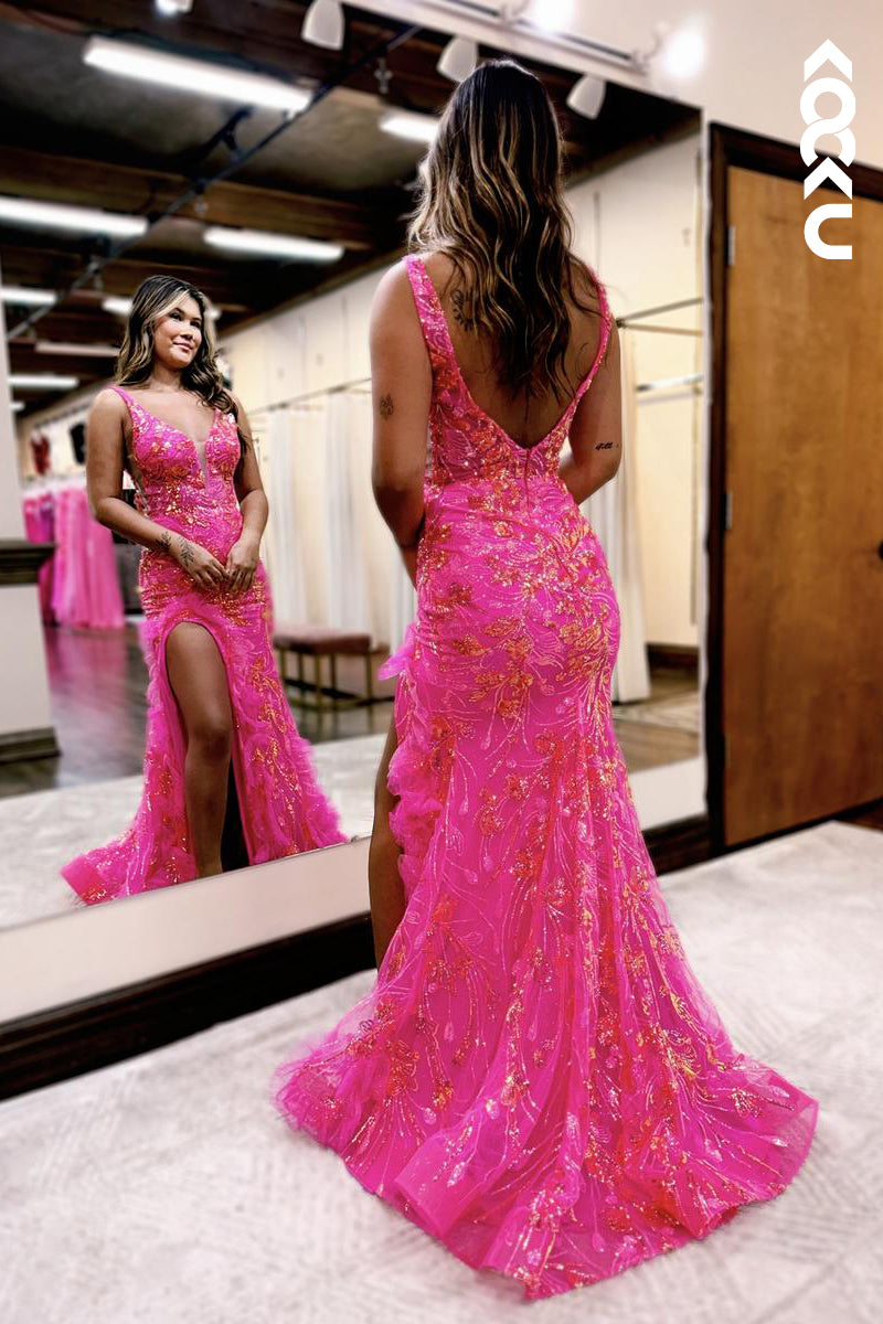 L2339 - Chic & Luxurious V-Neck Slit Sequined Floral Embroidered Sheath Prom Dress