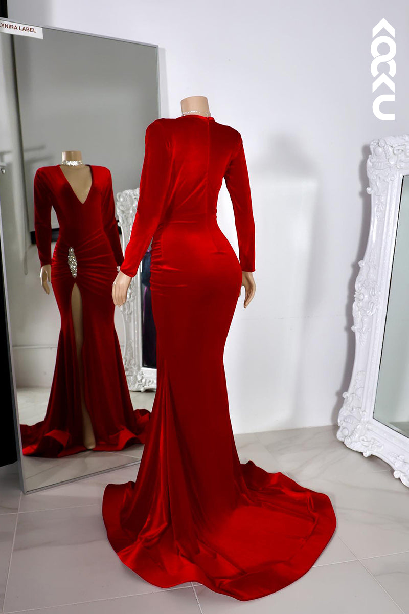 L2805 - Trumpet/Mermaid V-neck Long Sleeves Side Slit Evening Prom Dress With Rhinestones