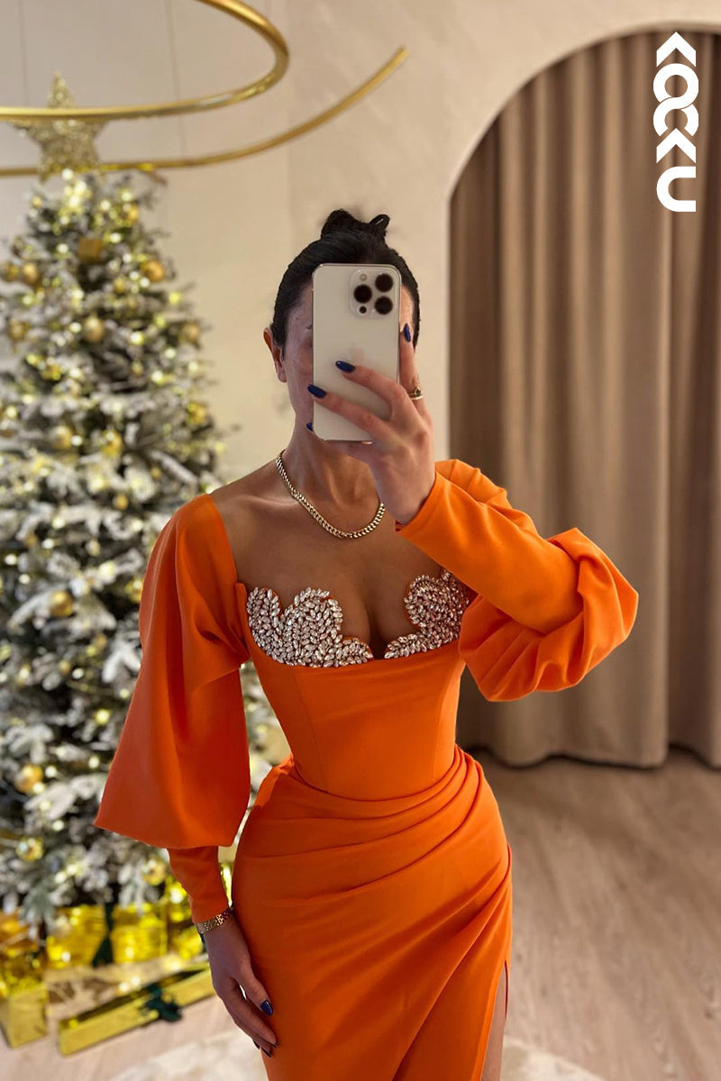 L2469 - Simple & Casual V-neck Long Sleeves Ruched Sheath Formal Party Prom Dress With Rhinestones