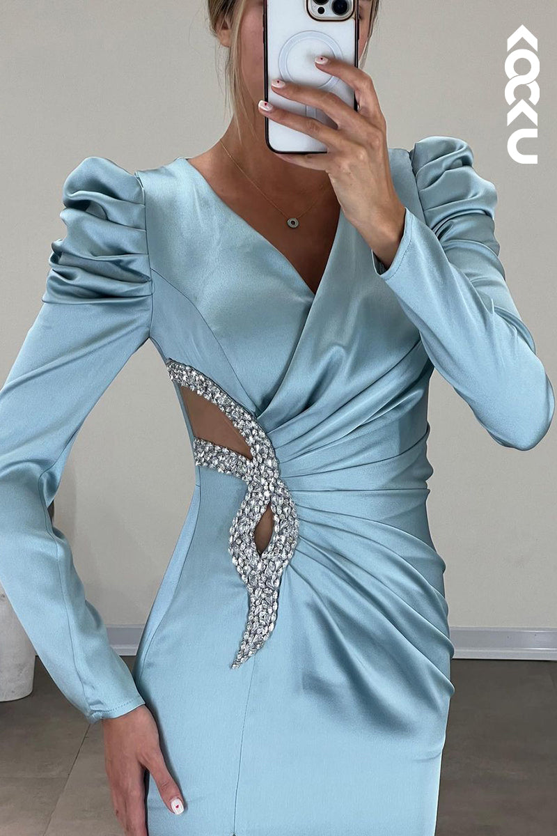 L2399 - Simple & Casual Long Sleeves Slit V-Neck Rhinestones Party Prom Dress