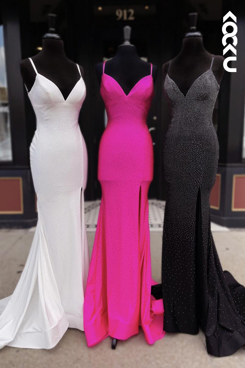 L2482 - Simple & Casual Spaghetti Straps V-Neck Mermaid Slit Evening Party Prom Dress